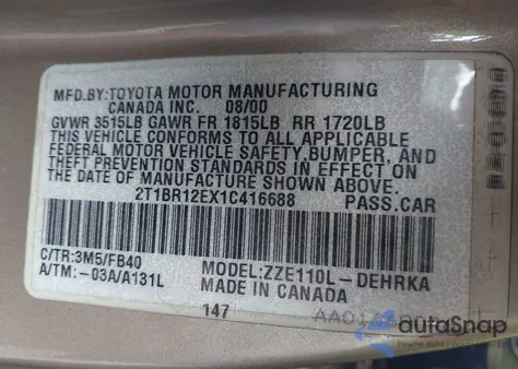 2001 Toyota Corolla Ce z USA, uszkodzony, nr VIN 2T1BR12EX1C416688